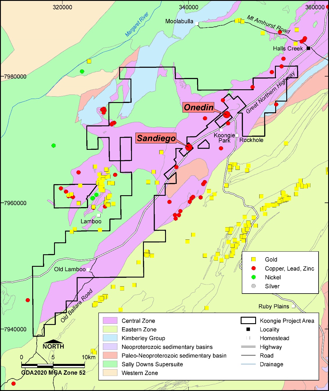 Geological map of Koongie Park showing tectonic units and mineral occurences